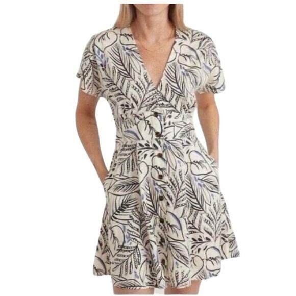 MARINE LAYER Camila Linen blend V-neck Mini Dress in black white foliage-Size S - Picture 1 of 8